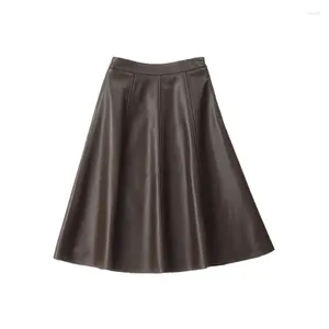 Skirts 2024SS Spring Summer Fashion Women Real Leather Sheepskin Midi Skirt For Female 2 Color