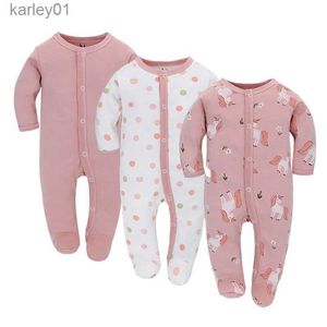 Footies 0-7M 3 шт. Хлопковые пижамы для новорожденных для мальчиков и девочек Комбинезоны с длинными рукавами Комбинезон Осень-зима Пижамы Комбинезоны Одежда YQ240306