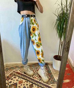 2020 New Trend S Printed Light Blue Jeans Fit Women Young Girls Soft Denim Long PantパッチワークHarem Hight Waist Jeans Y2203113703136