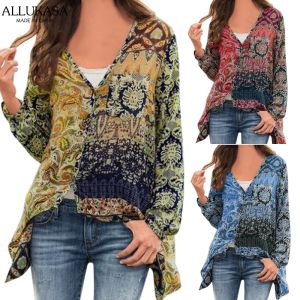 Blouse Women Casual Blouses Plus Size Tops Long Sleeve Fashion Boho Print Shirts Female V Neck Loose Beach Unregular Button La Chemise