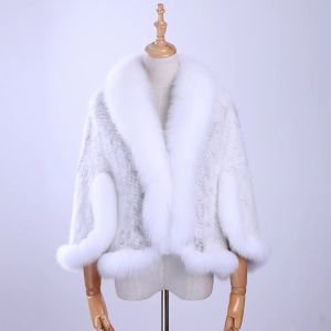 Fur Free Shipping New Genuine Knitted Mink Fur Shawl Wrap Cape with Fox fur collar Triming women Lady mink fur coat Jacket Stole