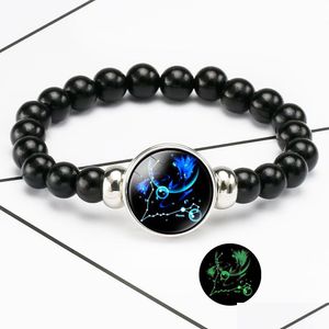 Braccialetti con segni zodiacali luminosi in rilievo per donna Uomo Glow In The Dark Costellazione Fascino Perline Catene Gioielli di moda compleanno Bk Dhxgv