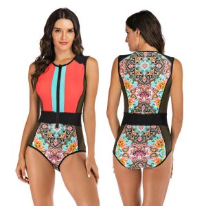 Maiô feminino sem mangas com zíper frontal, protetor solar, proteção solar, estampa floral, controle de barriga, monokini