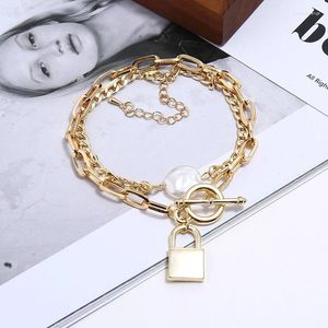 Charmarmband Glänsande guldfärg Simulerad Pearl Chunky Link Chain Statement Hip Hop Armband för kvinnor Män Bangle Fashion Smycken