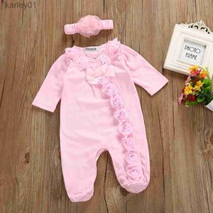 Footies Spring Newborn Baby Girl Clothes 2pcs Long Sleeve Lace Romper Headband Set Cotton Flower Footies Newborn Baby Girl Gift YQ240306