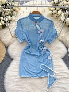 Elbise Tekerin Retro Porno iç çamaşırı kadın gece elbise şeffaf düğmesi tasarımı ince kısa kollu bölünmüş Shapewear Cheongsam Seksi Pijamalar