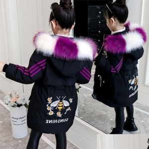 Down Coat Brand Hooded Winter Jacket For Girls Clothing Cartoon Bee Parka Teenagers Girl Thick Long Faux Fur Kids Clothes -30 Drop D Dh8Bt