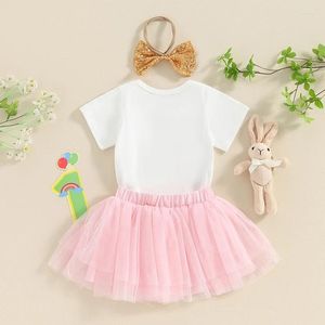 Kläduppsättningar födelsedagsutrustning baby flickor påsk romper brev tryck kort ärm bodysuit mesh tutu tyll kjol pannband set