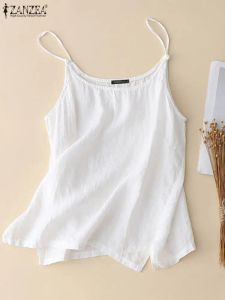 Blusa ZANZEA Vintage Spaghetti Strap Tanks Tops Mulheres Casual Sólida Praia Top Solto Camisa de Algodão Blusa de Verão Camis Blusas de Férias