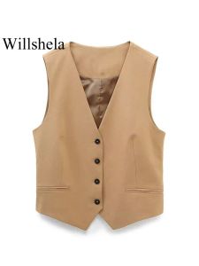 Waistcoats Willshela Women Fashion Khaki Cropped Vest VNeck Single Breasted Sleeveless Female Chic Lady Outfit Short Top Tank