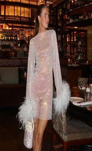 Casual Dresses Aniow Design Fur Feather Sleeve Cuffs Shine Sheer Mesh See Through Mini Dress Sexy Party Club Robe Women Clothing V7620964