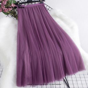 Skirts New Big Hem Long Tulle Skirt Women Korean Casual Simple Solid 3 Layers A Line High Waist Purple Red Mesh Jupe Maxi Skirt RS1298