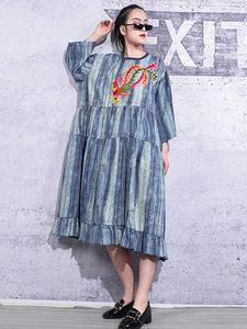 Casual Dresses XITAO Embroidery Dress Fashion Women Plus Size Pleated Pullover Fan Style Loose 2024 Summer DMY3141