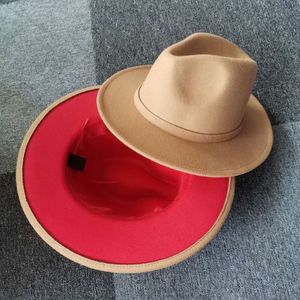 Yttre kamel inre röd lapptäcke filt hatt höst vinter ylle jazz trilby cap klassisk europeisk amerikansk män kvinnor fedora hattar261q