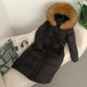 Fur 2023 Fashion Long Winter Jacket Women Real Raccoon Fox Fur Collar Natural Thick Warm Duck Down Coat Belt Outerwear Streetwear