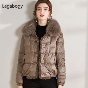 Coats Lagabogy 2023 Real Fox Fur Kllar Winter Women 90%biała kaczka w dół kurtka panie krótkie ciepłe puffer płaszcz żeńska luźna parka vintage