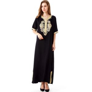 Dress Muslim Women Casual Dress Mid Sleeve Bohemian Floral Islamic Dubai Abaya Cloth V Neck Golden Trim Rhinestones Embroidered Robe