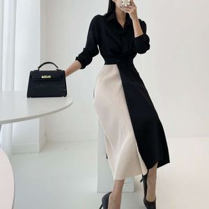 Sydkorea 2024 Tidig vår New Light Luxury Fashion Temperament Nisch Color Blocking Midje Slimming Shirt Dress Women's Long kjol