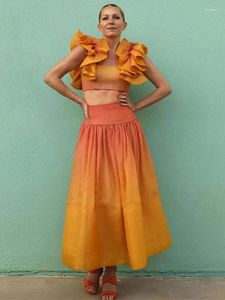 Work Dresses Rainbow Holiday Skirt Suit Female Flounce Sleeve Skinny Crop Top And Elastic High Waist Pleated Skirts 2 Pieces Set Women Party