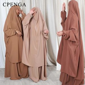 Jilbab Set da 2 pezzi Donne musulmane Abito Hijab Abito da preghiera Abaya Lungo Khimar Ramadan Eid Pianura Abaya Abbigliamento islamico Abito 240229