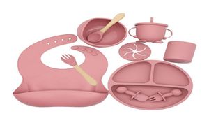 9PCS Set Baby Silicone Tableware Set Feeding Dishes BPA Bowl Plate Bibs Spoon Fork Sets Children Non slip Dinnerware 220531295Q8718338