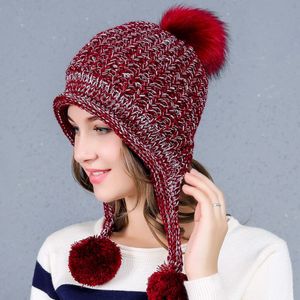 Chapéu de malha de inverno para mulheres lã mistura macio quente crânio bonés com earflaps lindas senhoras gorros gorro com veludo GH-254226S
