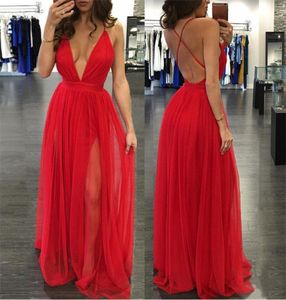 Plunging V Neck Backless Prom Dress All Red Tulle Floor Length Spaghetti Straps Beach Fashion Cross Bohemian Long Evening Dress Fo7949830