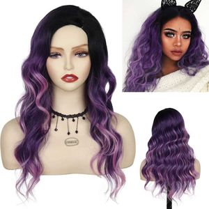 Perucas de cabelo sintético preto roxo ombre peruca longa onda natural água penteado sexy feminino para mulheres cosplay 240306