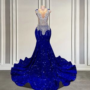 Campione reale Donne Prom Abiti formali Sheer Mesh Luxury Silver Diamond Sparkly Royal Blue Black Girls Abiti lunghi 2024 240304