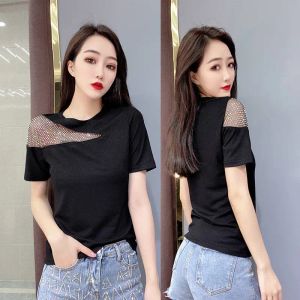 BLOUSE BLOUSE Women's OffShoulder Diamond Shortsleeved Shirts European Goods Slim Fit Obled Shoulder Tops Blusas Ropa de Mujer