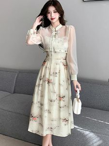 Casual Dresses Women Sprint Floral Sling Long Dress Sheer Shirts Two Piece Sets 2024 Korean Fashion Elegant Chic Beach