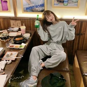 Suits Sweatsuits For Women 2021 Autumn New Training Set Women Drawstring 2 PCS Sweaters Solid Hooded Two Piece Sets Sports Suit Korean