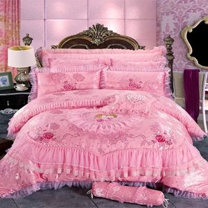 Vermelho rosa luxo laço casamento conjunto de cama rei rainha tamanho princesa conjunto jacquard bordado capa edredão colcha folha 240228