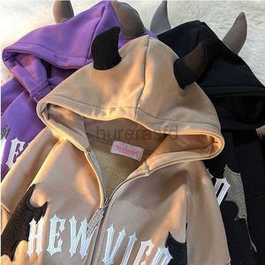 Hoodies Sweatshirts Hip Hop Dark Bat Wing Devil Horn Gothic Zip Jacket Oversized Sweatshirt Kawaii Clothes Harajuku Winter Y2K 2436