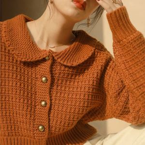 Cardigans Autumn Orange Crop Top Sweter Peter Pan Karnik Up workowate koreańskie mody dzianinowe sweter sweter jesienne Zimowe kobiety 2021