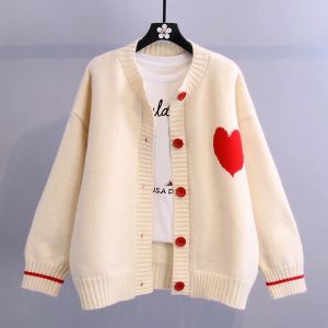 Cardigan Ragazza Sweet Chic Love Heart Modello Cardigan a maniche lunghe Cappotto Stile giapponese con scollo a V Maglione monopetto in maglia elastica Top da donna