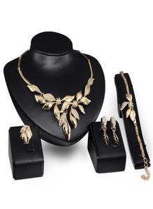 Guldblad bröllop smyckesuppsättningar med kristall strass lämnar halsband armband örhänge ring för kvinnor partitillbehör3086770