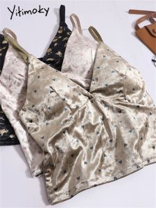 Camis Yitimoky Floral Tanks Tops Women 2023 New French Style v Neck Neweveless Crop Top Top Chic Slim with Pad Spaghetti Strap Tops