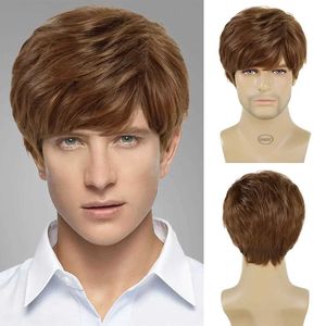 Perucas de cabelo sintético moda marrom para homens natural em camadas corte de cabelo peruca curta com franja festa diária fibra resistente ao calor 240306