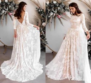 2020 New Vintage Bohemian Wedding Dresses with Nude Lining Long Sleeves Open Back Full Lace Boho Beach Garden Bridal Gowns 797204736