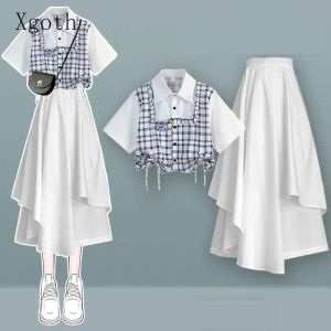 Anzüge Xgoth Girly Preppy Süßes Hemd Set/einzel Stück 2023 Neue Sommer Frauen Crop Patchwork Revers Top Unregelmäßigen Rock zweiteilige Anzüge