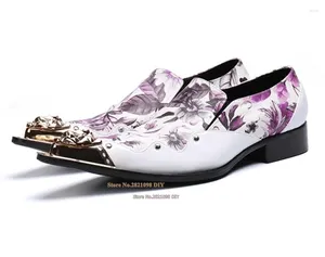 Klänningskor National Flower Printing Metal Toe Male Flats Män Vitblå Business Dancing Pointed Leather