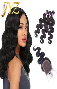 Cabelo virgem não processado 3 pacotes com 1 fechamento de renda brasileiro malaio peruano indiano cabelo humano onda corporal extensão 5370687