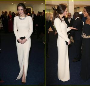 Kate Middleton Vestidos de celebridades originais Vestidos no tapete vermelho Bainha de cetim branco até o chão Vestidos de noite manga comprida Fron5554765