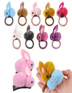 Girls039 Cute Ball Pompoms Bunny Hair Tie Bands Clips Kids Yarn Pom Rabbit Elastic Hair Ring Ponyil Holder för Little G7007813