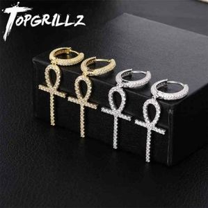 TOPGRILLZ Iced Cyrcon Ankh Cross Earring Gold Srebrny kolor mikro utwardzony AAA Bling CZ Kamienne kolczyki dla mężczyzny Kobiet biżuterii Hip Hop 28274441