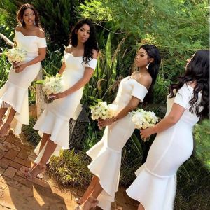 White Mermaid 2024 Bridesmaid Dresses Off Shoulder High Low Short African Wedding Guest Party Gowns Robes De Demoiselle D'honneur moiselle