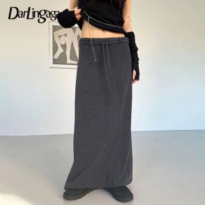 Kjol darlingaga harajuku lös lång kjol kvinnor låg midja shirring solid streetwear rak preppy stil maxi kjolar kläder koreanska