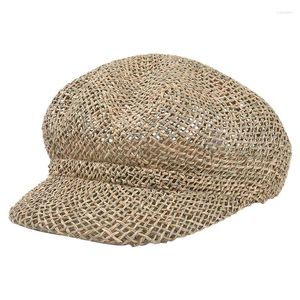 Baskagonal mössa Panama Seagrass Straw Hat Women Summer Sboy Painter Beret Mesh Breattable Boinas Para Mujer Visors