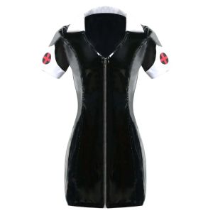 Sukienka seksowna egzotyczna skórzana sukienka winylowa PVC Kobiety czarny mokro pielęgniarka krzyżowa oswawa zamek błyskawiczny nad kolanami